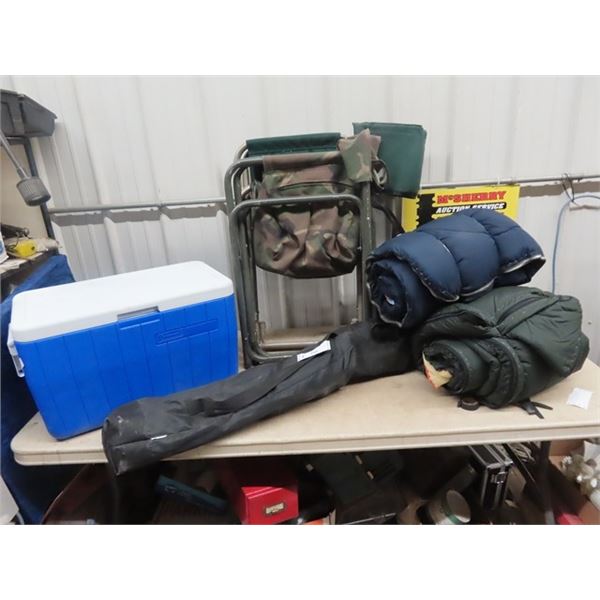 Coleman Cooler - 3 Folding Yard Chairs, 3 Sleeping Blankets