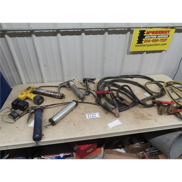 2 Sets Booster Cables, HD Set Grease Guns, 1 Cordles w Charger 12 Volt