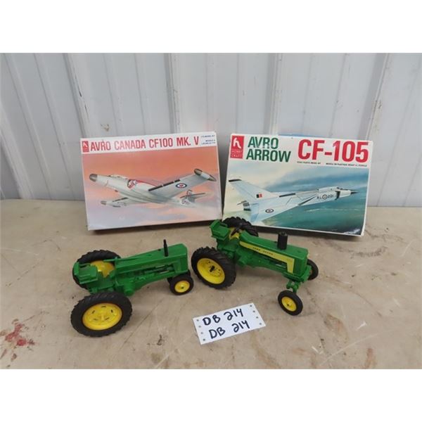 2 Toy  Model Air Planes w Box & 2 Plastic JD Tractors