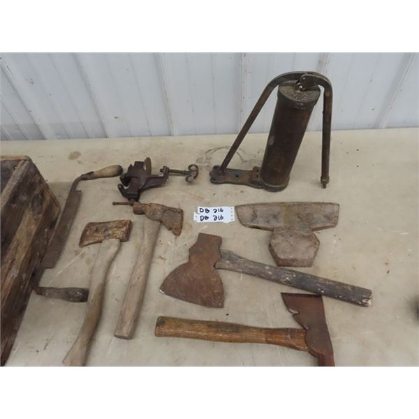 Broad Axe, Hatchet, Small Vise, Pump?, & Draw Knife
