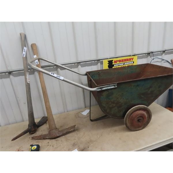Vintage Yard Cart & 2 Picks - Quite a neat look to cart- perfect for repurpose!