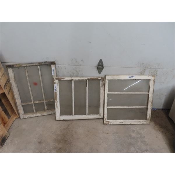 3 Vintage Wood Painted Framed Windows 1) 23" X 24" 1) 21" x 24" & 1) 20" x 27"