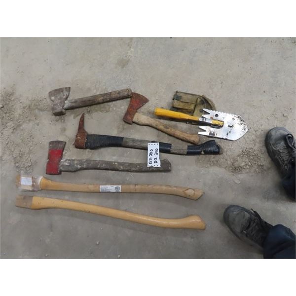 Axes, Hatchets, Pick, Hikers Shovel & 2 New Axe Handles