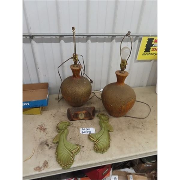 Set of Lamos- No Shade, Westclock Tiny Tin Mantle Clock,  & 2 Chalkware Peacocks