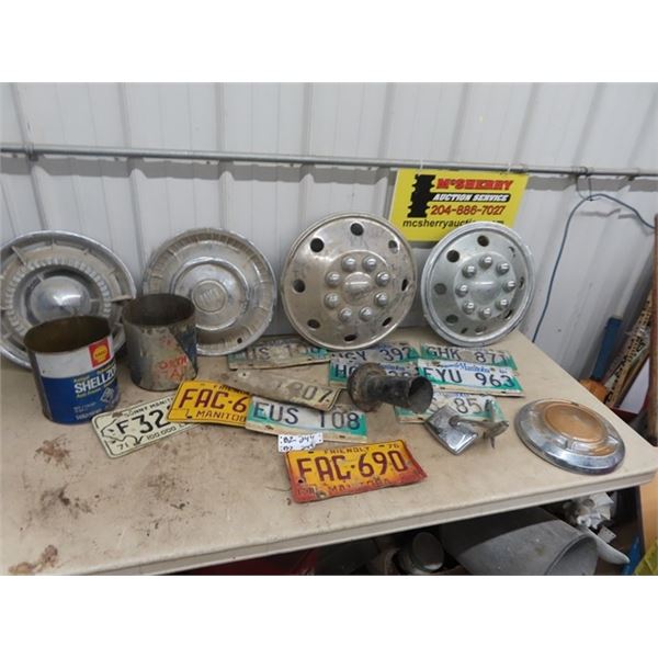 License Plates, Hub Caps, Auto Horns, & Oil Cans