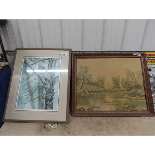 Owl Numbered Print By H Nortt- 25" x 31" & Picture of Stream - 27" X 33.5"