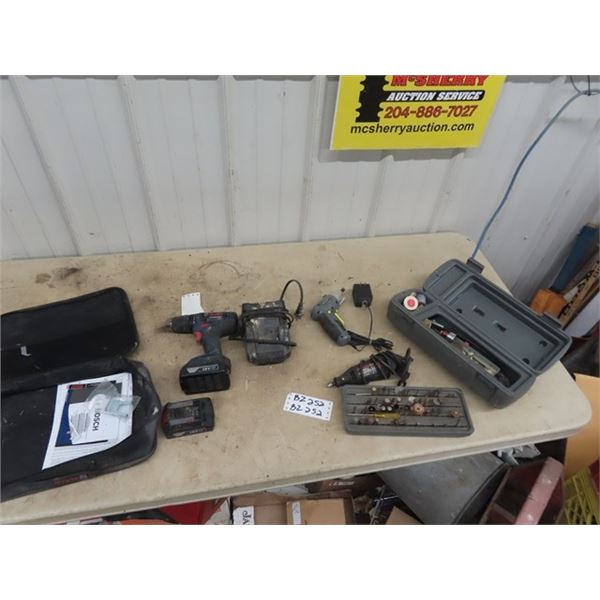 Bosch 18 V Drill w 2 Battery Chargers & Case, Dremel Power w Case & Access , & Cordless Screwdriver