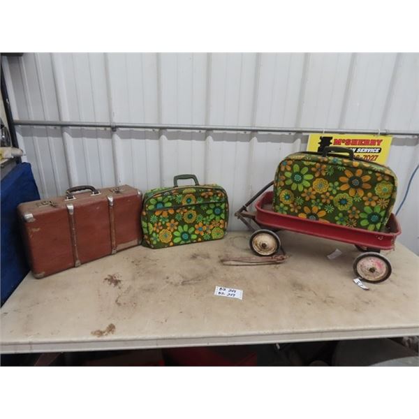 2 Retro Hippy Suitcases, Leather Suitcase, & Child Red Wagon