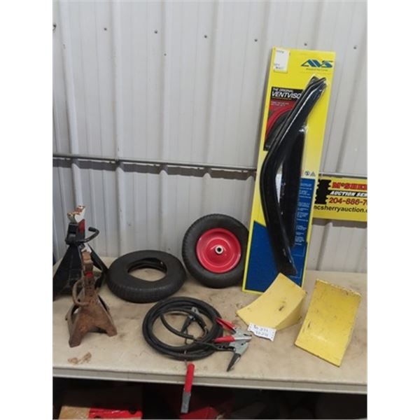 2 Wheel Barrow Tires 480-400-8, Stabilizing Jacks, Booster Chables, & Toyota Vent Visor