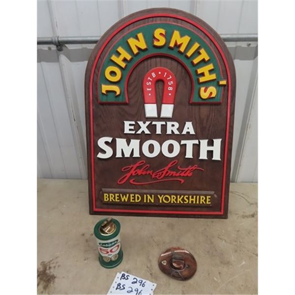 John Smith Liquor Sign 27" x 19" , Labatt's t0 Lighter, & Ashtray