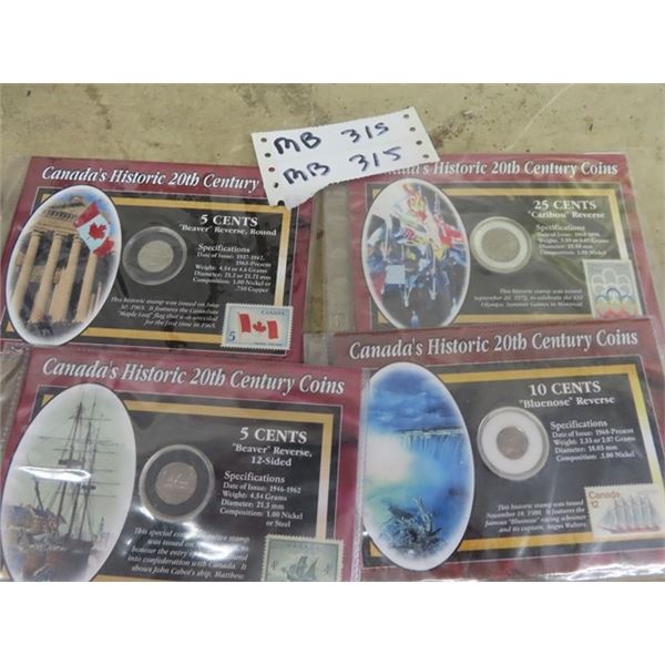 4 Canada Historic Coins- 1981- 5 cent& Stamp 1948 5 Cent & Stamp, 1968 -1 0 Cents & Stamp & 1974 - 2