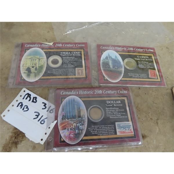 3- Canada Historic Coins - 1947- 1 Cent & Stamp, 1923 - 5 Cents & Stamp , 1994- $1 & Stamp