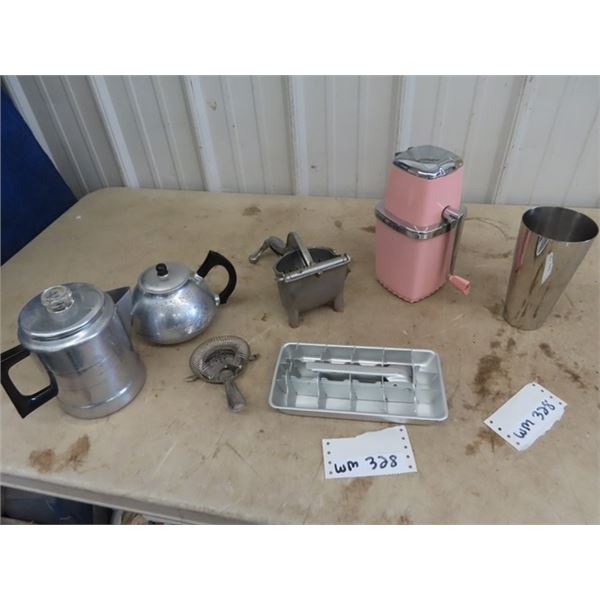 Vintage Maid of Honor Ice Crusher, Wearever Juicer, Alum Ice Maker Tray , Teapot Plus More!