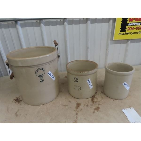 3 Crocks 1) Alberta Pottery 5 Gal 1) Medalta -2 G 1 Gal No Label