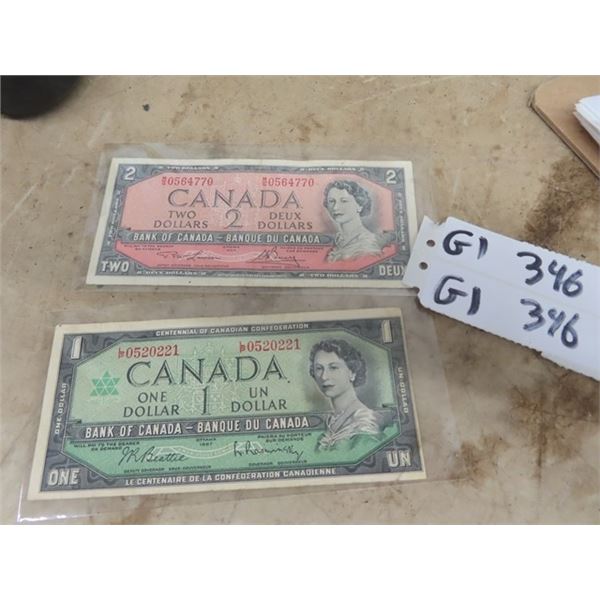 1967 - 1 Dollar Canadian Bill  & 1- 1954 2 Dollar Canadian Bill