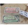 Image 1 : 1967 - 1 Dollar Canadian Bill  & 1- 1954 2 Dollar Canadian Bill