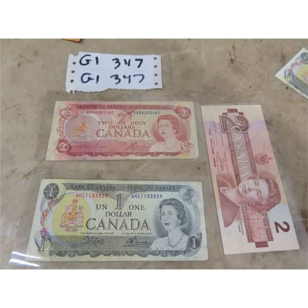 1973 1 Dollar Canadian Bill, 1-1974 2 Dollar Canadian Bill, & 1986 2 Dollar Canadian Bill