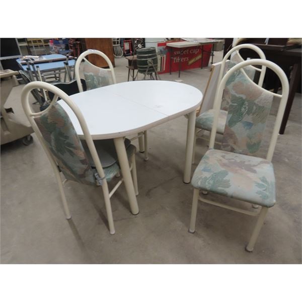 Kitchen Table w Leaf & 4 Chairs- Some Wear On Chair Seat- Have Matching Upholstery to repair- Table 