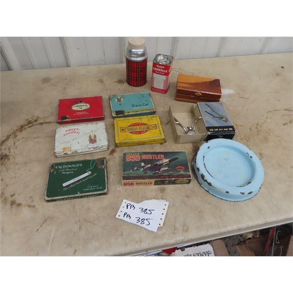 5 Cigarette Tins, Enamel Baby DIsh, Clippers w Box, Plus Plane Model Box Only