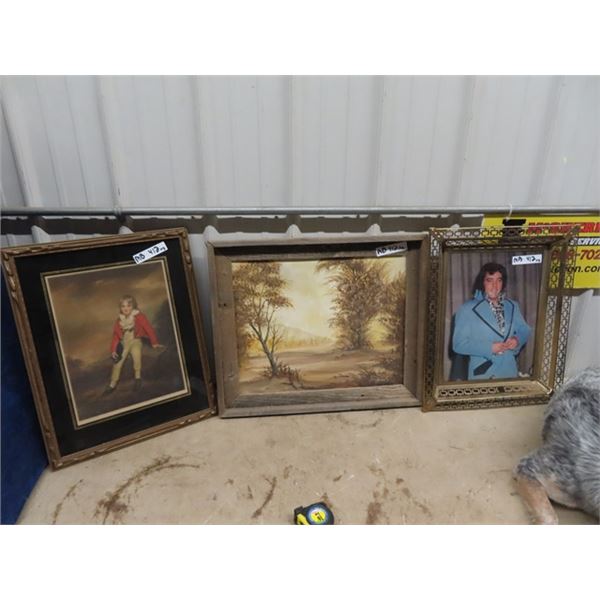 3 Framed Pictures 1) Elvis 17" x 21" 1) 20" x 24" 1) 17" x 22"