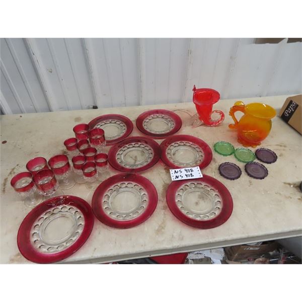 Ruby Crystal, Blown Glass Vase, Pitcher & Coasters