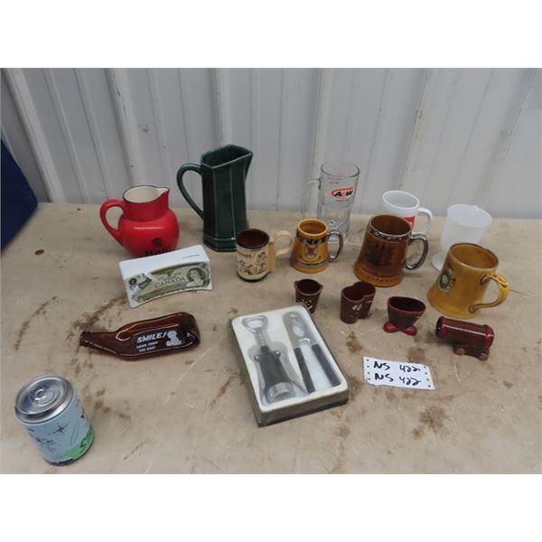 Pitcher, Beer Mugs, A & W , Dollar Bill Bank, Bottle Opener, Shot Glasses Plus!