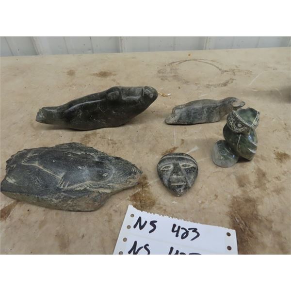 5 Soapstone Ornaments, 3 Seals, 1 Owl, & 1 Eskimo