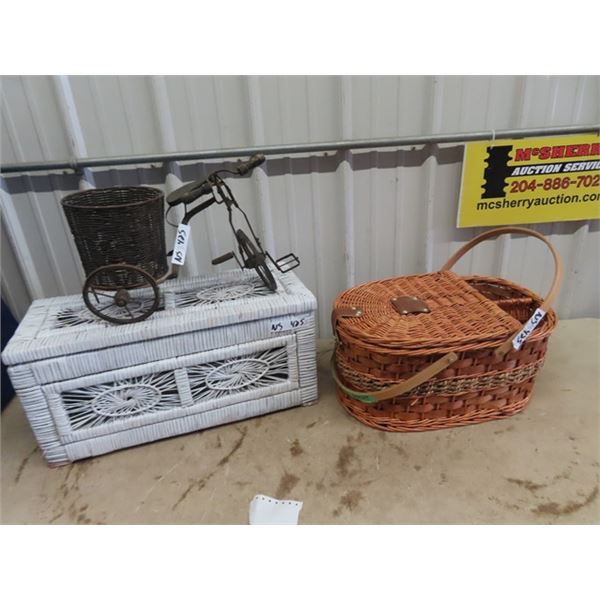 Wicker Box, Ducks Unlimited Picnic Basket, & Bicycle Planter