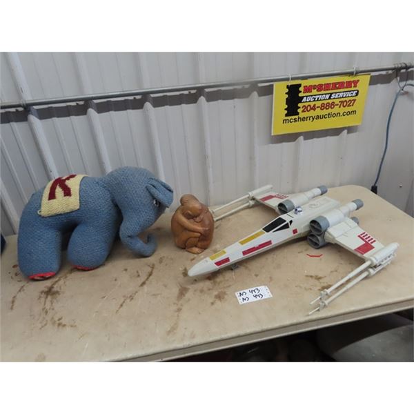 Old Elephant Stuffy, Wood Carving , Star Wars Fighter Jet, 30" x 25"