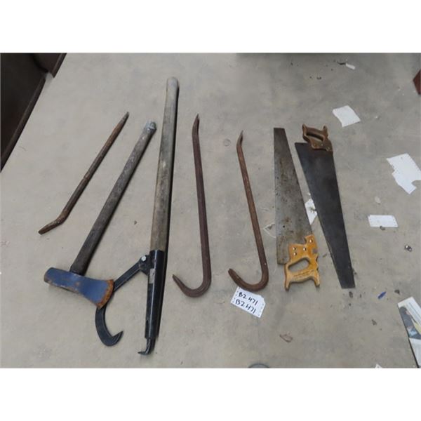 Log Grab, Splitting Axe, Wrecking Bars, & Saws