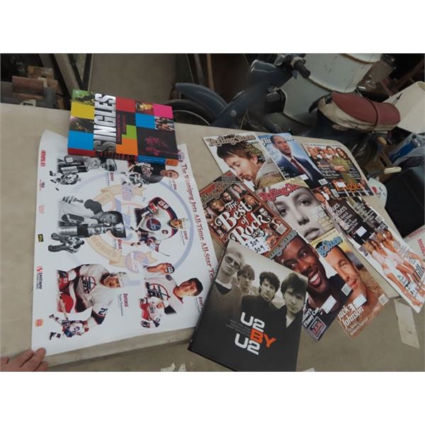 Winnipeg All Star Team Posters, U2 Book, Rollingstone Magazines, 2 Tier Serving Stand