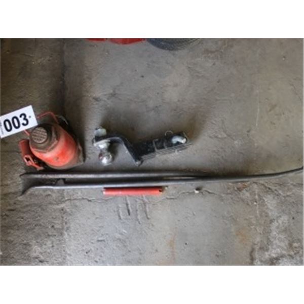 APPROX. 20 TON BOTTLE JACK, 2 PRY BARS, HITCH C/W 2" BALL