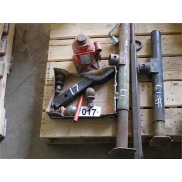 APPROX. 10 TON HYD JACK, 2 TRAILER JACKS, HITCH, APPROX. 3 HITCH BALLS.