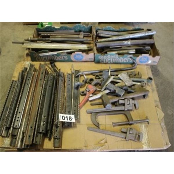 PALLET OF MISC STEEL, WRENCHES, CLAMPS, HAMMERS.