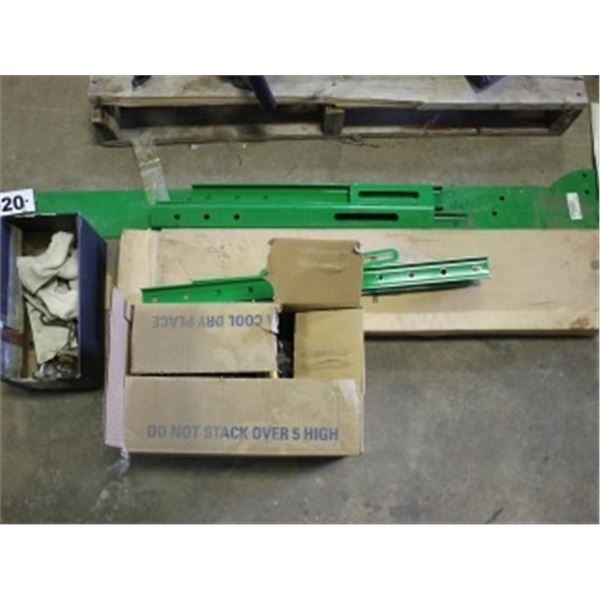 JOHN DEERE SPRAYER STEP PLATE, AUTO STEER MANUALS, BOX OF MISC HARDWARE.