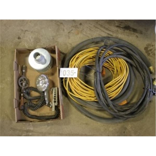 CORDS, HOSE, BOX OF MISC C/W LIGHT, FLARE TOOL & SUCTION HOSE