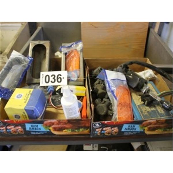 2 BOXES OF MISC LIGHTS, WIRING, FIRST AID KIT