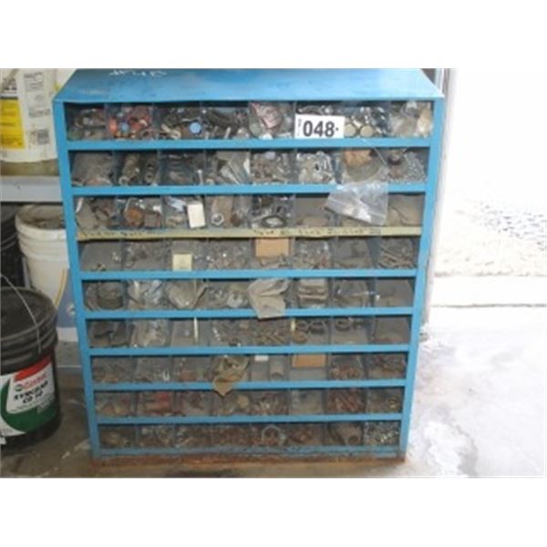 BLUE METAL NUT & BOLT ORGANIZER, C/W VARIOUS NUTS, BOLTS, SCREWS