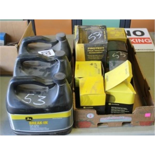 APPROX. 8 JOHN DEERE OIL FILTERS & 3 JUGS OF JOHN DEERE 10W30 BREAK IN OIL