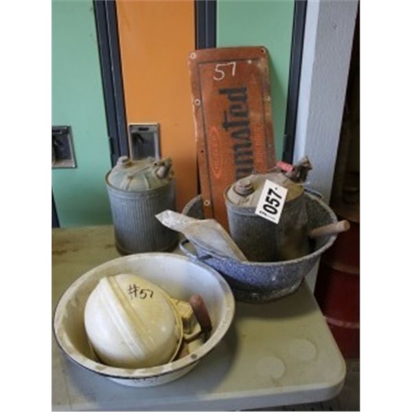 VARIOUS ANTIQUES - INCLUDING BOWL, GAS CAN, HAND TOOLS, COW BELL