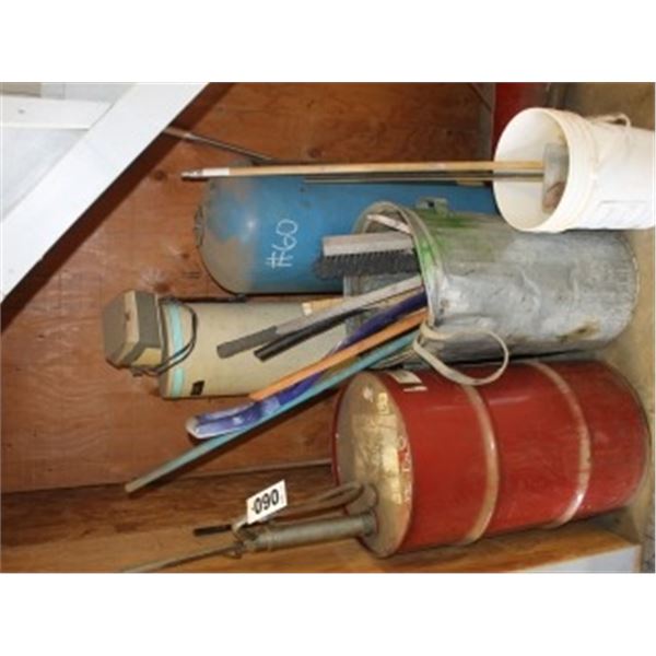 VARIOUS HANDLES & WOOD, SHOVEL, BARREL & PUMP, PRESSURE TANK, HOT WATER TANK