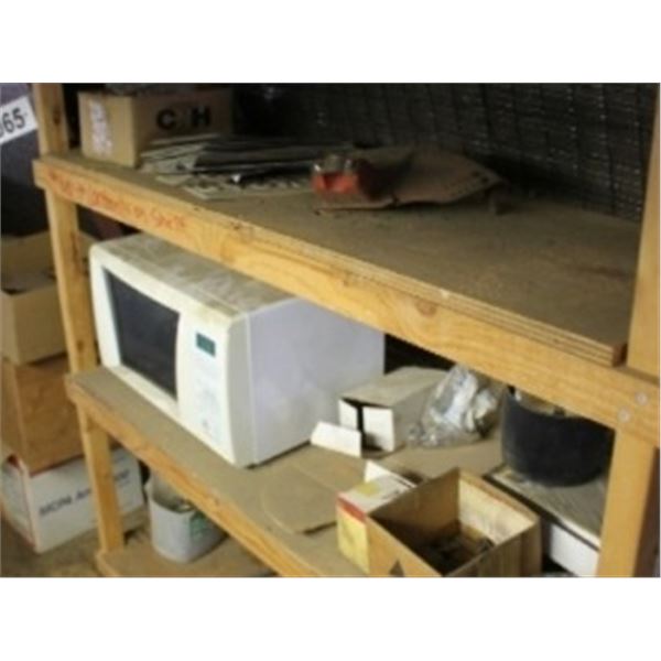 CONTENTS OF SHELF - PAINT CANS, WIRE, CB RADIO, MICROWAVE