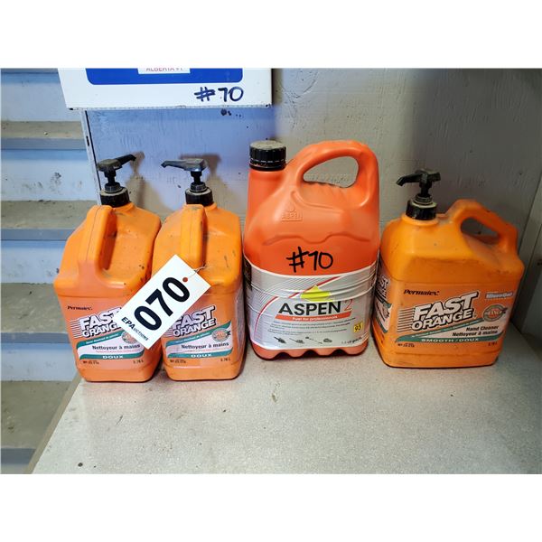 APPROX. 3 JUGS ORANGE HAND CLEANER, FIRST AID KIT