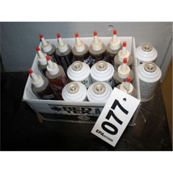 APPROX. 10 BOTTLES OF PENETRANT, 6 CANS OF AIR CONDITIONING RECHARGE GAS