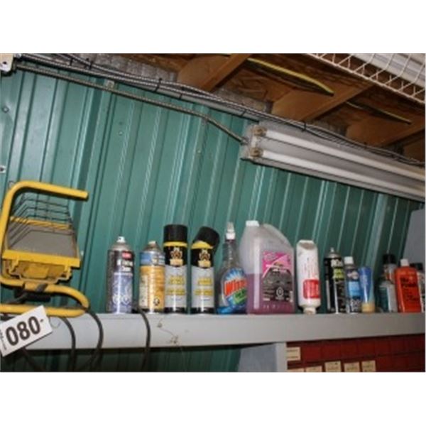 CONTENTS OF TOP SHELF, VARIOUS AEROSOL CANS, WORK LIGHT