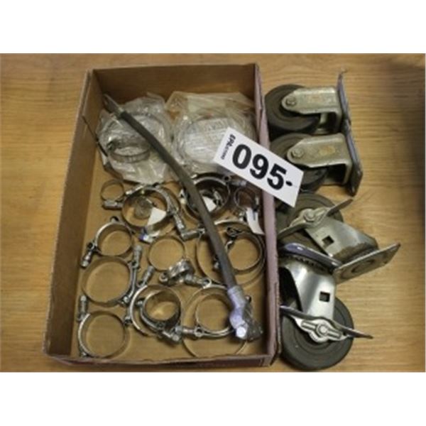 BOX OF VARIOUS HOSE CLAMPS, CABLE, APPROX. 4 CASTOR WHEELS