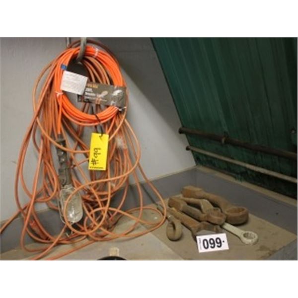 TROUBLE LIGHT, EXTENSION CORD, ASSORTED WRENCHES