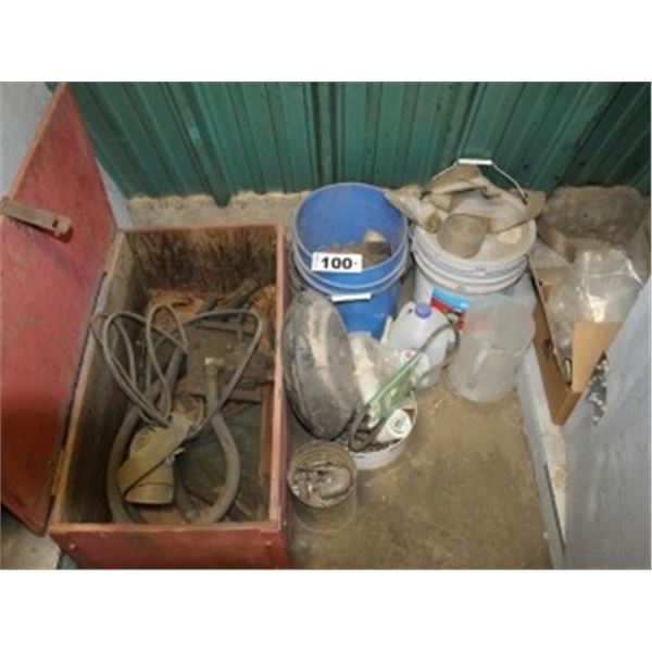 WOOD TOOL BOX C/W VARIOUS NUTS, BOLTS, BELTS, HYDRAULIC VALVE, PAILS, STRAP