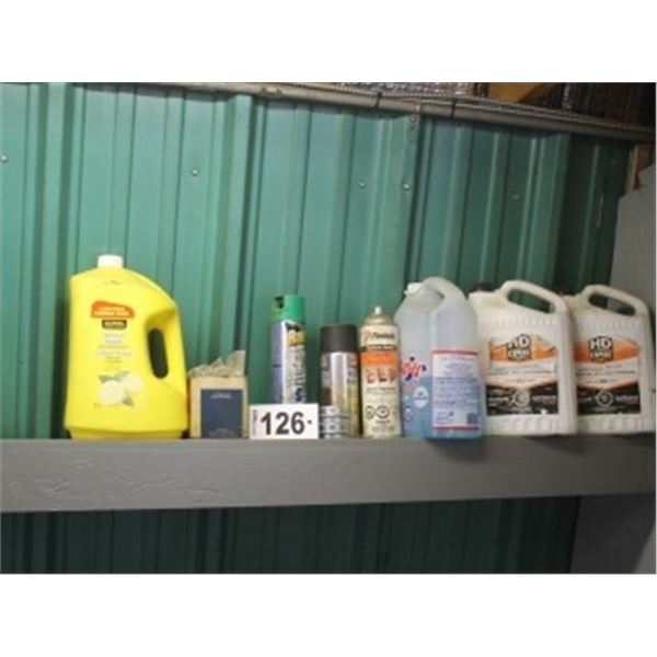 CONTENTS OF TOP SHELF - COOLANT, HYDRAULIC FITTINGS, AEROSOL CANS