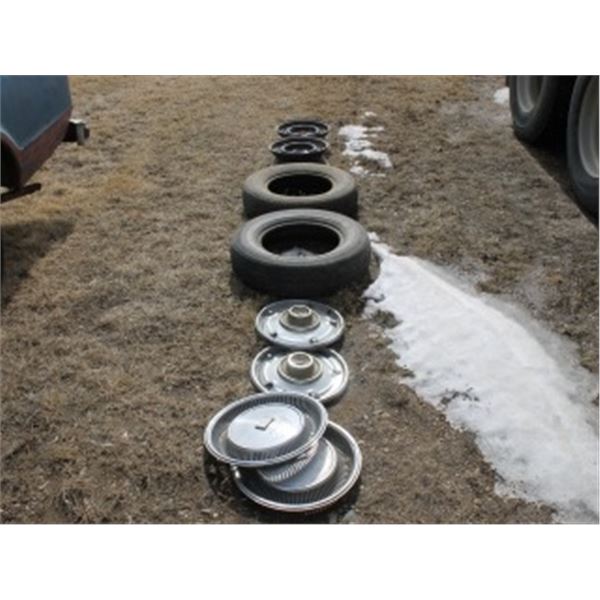 TIRES, RIMS, & HUBCAPS FOR GM; 2 P205/75 R15 TIRES; 2 STEEL 5 BOLT RIMS, & 4 HUBCAPS